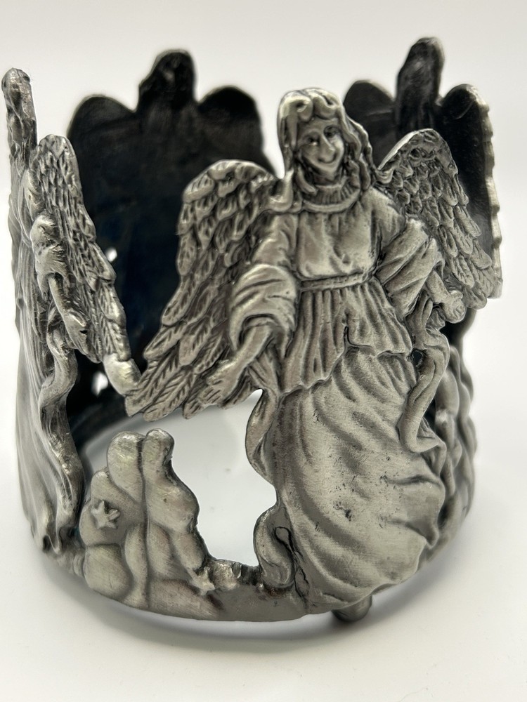 Vintage Pewter Angel Pillar Candle Holder Glass Bottom Base Decorative Home Deco