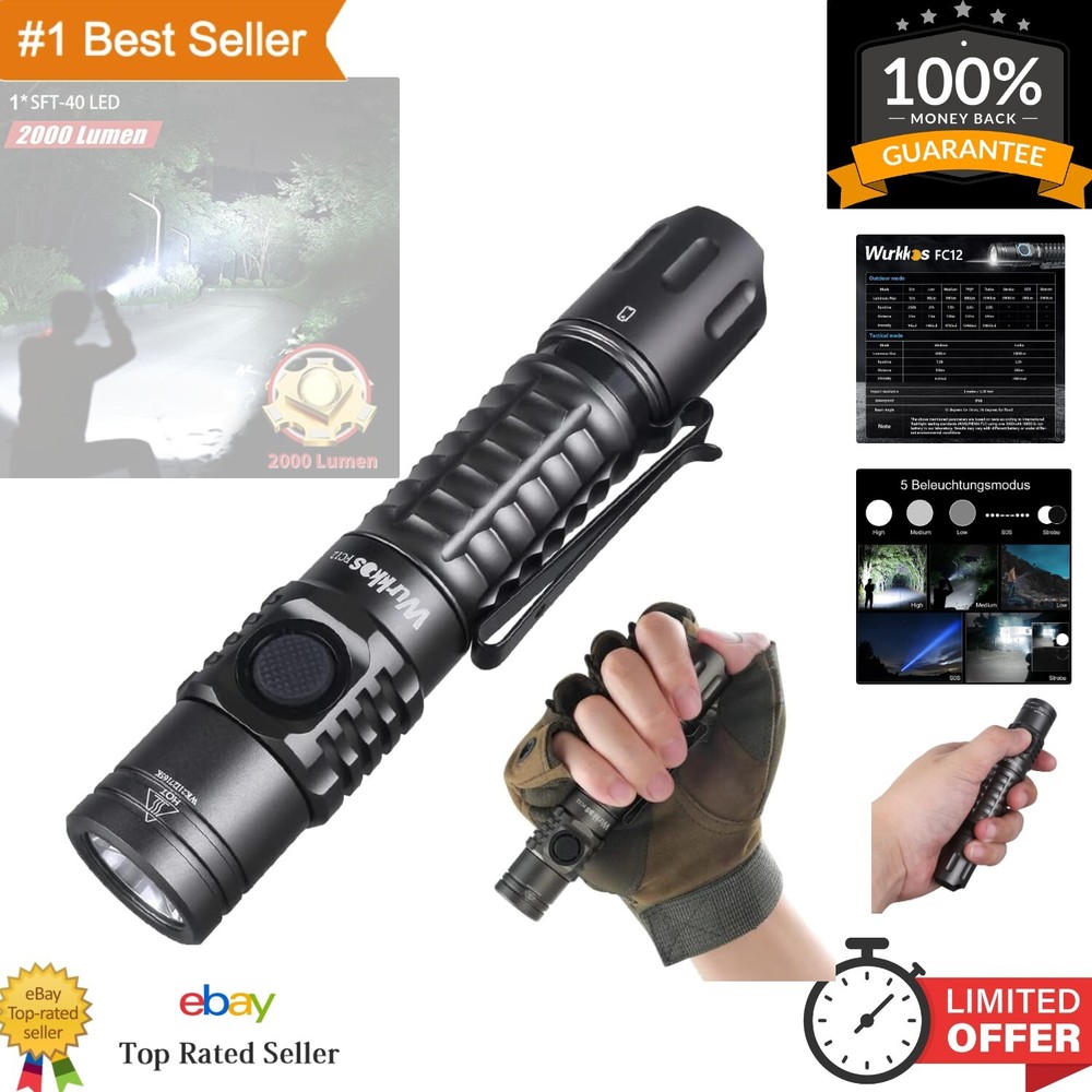 Tactical EDC Flashlight 2000 Lumen with USB-C Charging, Dual Switch & Waterproof