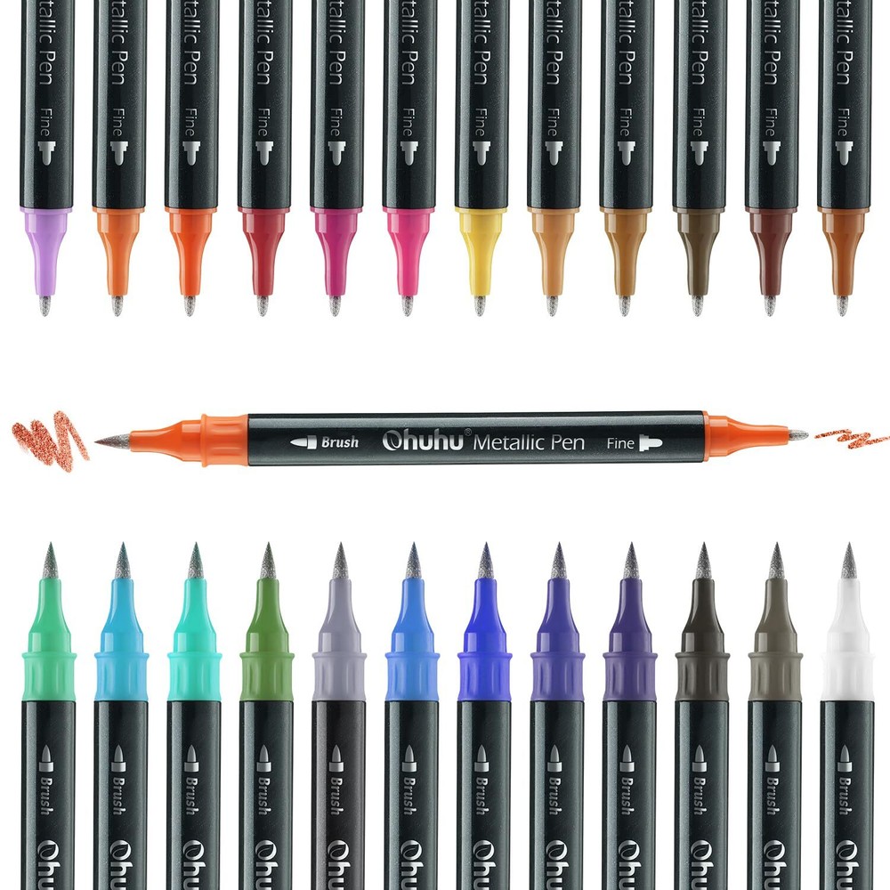 Ohuhu Metallic Markers Brush & Fine Dual Tips 24 Metallic Colors Water-based ...
