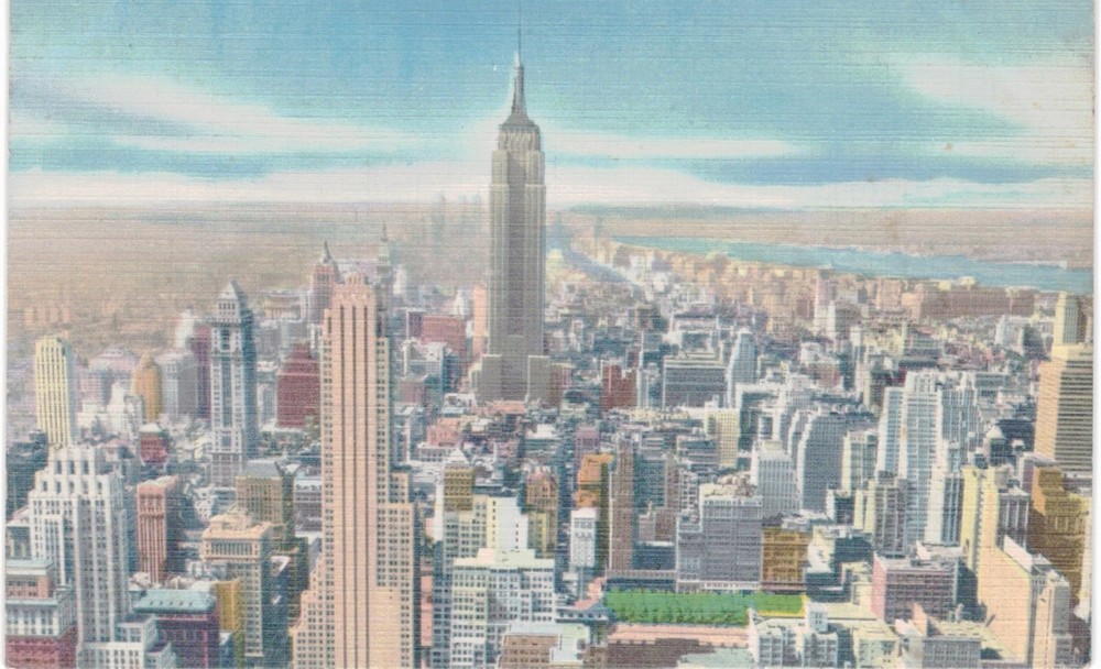 NYC Midtown Skyline Roof View Empire State Building Linen 1950 New York City