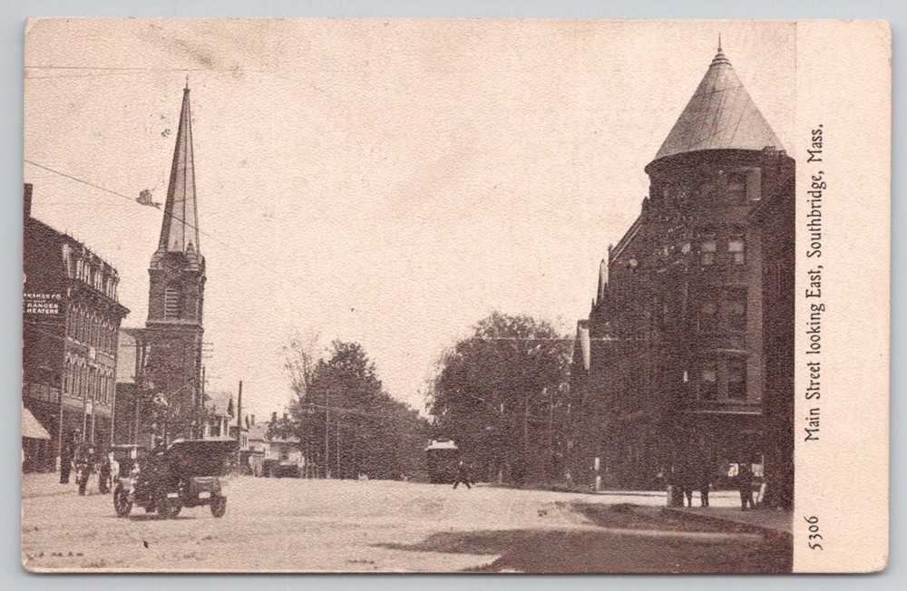Main Street Southbridge MA 1903 Church Steeple Vintage Auto Postcard