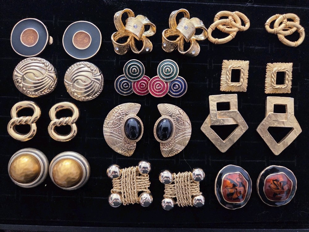 Vintage 80's Big Chunky Gold Tone Statement Earrings Lot Clip On Enamel 12 Pair