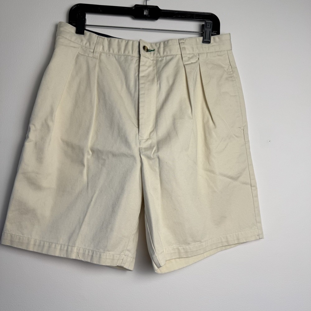 Tommy Hilfiger Mens Khaki Pleated Cotton Logo Shorts Size 34 Preppy Summer Style