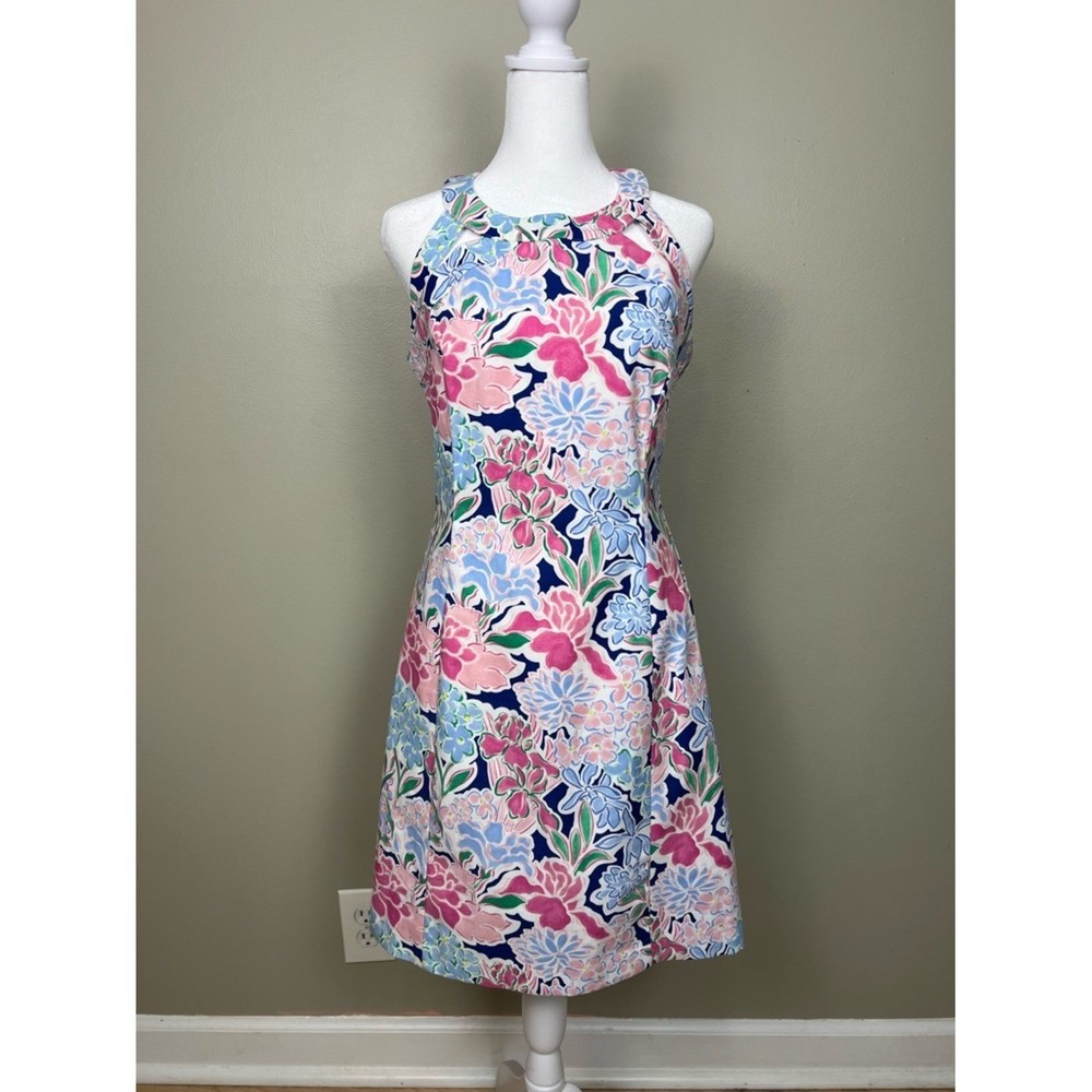 Pink and Blue Floral Halter Midi Dress Preppy Cottagecore Size 4
