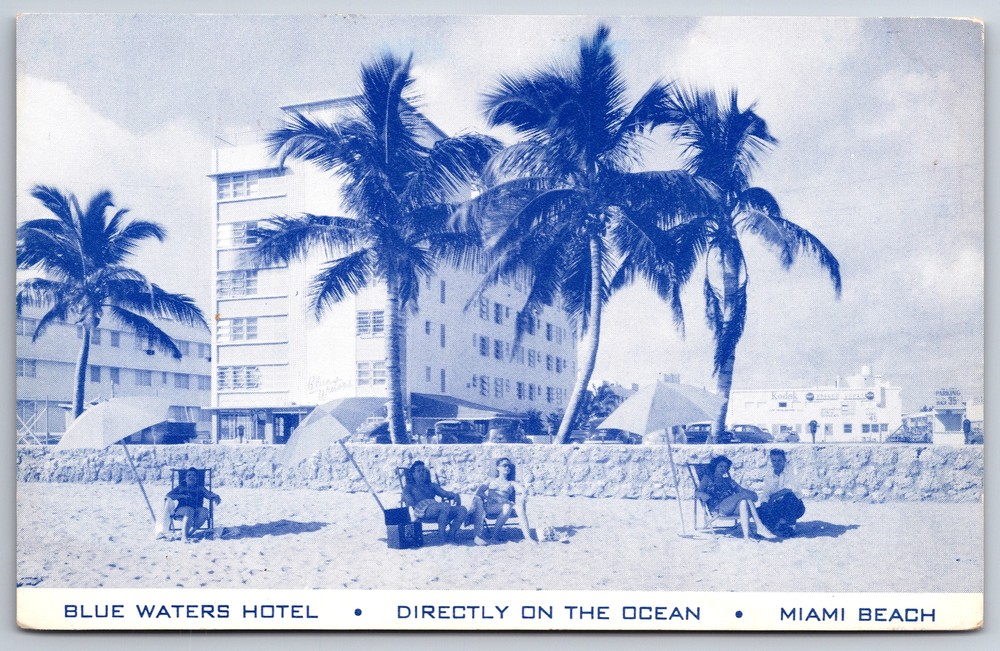 Miami Beach Florida~Blue Waters Hotel~On The Ocean~Blue Tint~Vintage Postcard
