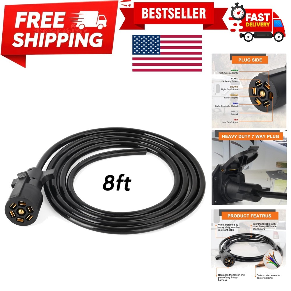 7 Way Trailer Plug, 7 pin Trailer Wiring Harness, 8 Feet 7-Wire Trailer Adapt...