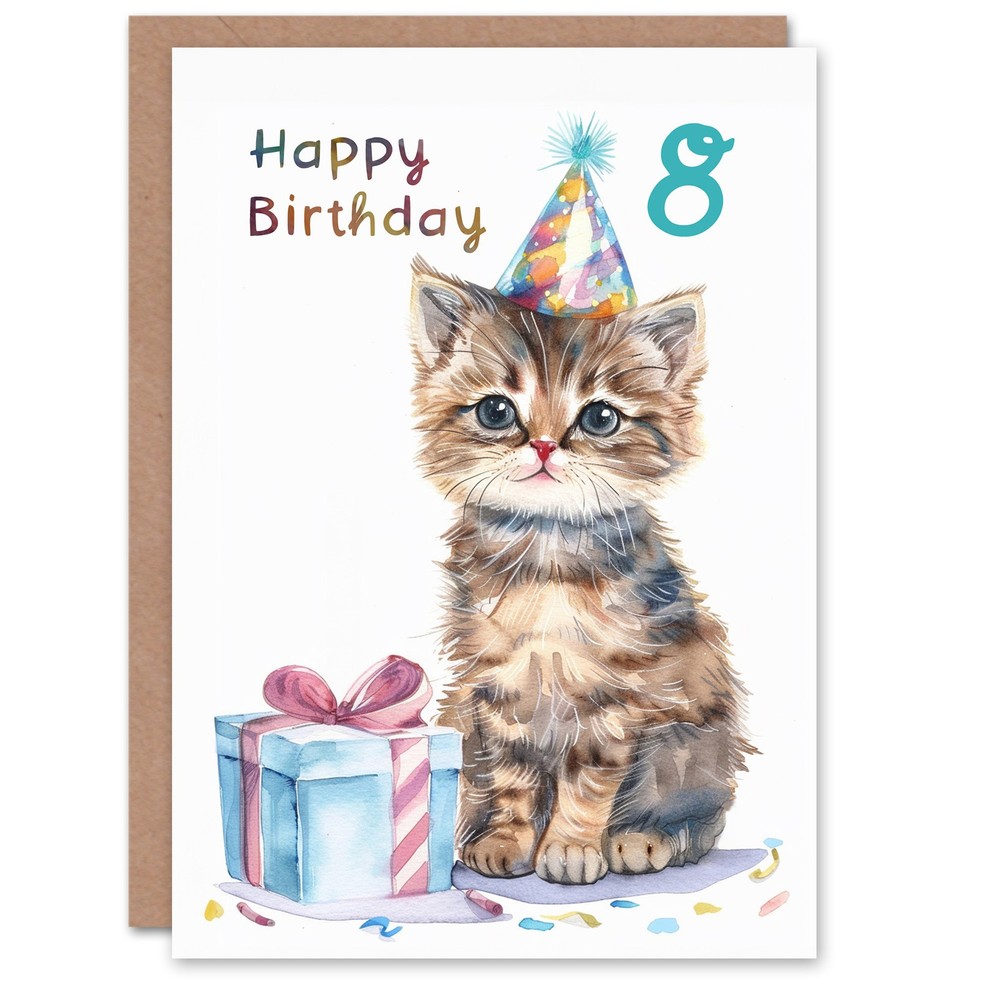 8th Birthday Card Cute Baby Cat Kitten Party Hat Kids Age 8 Year Old Child