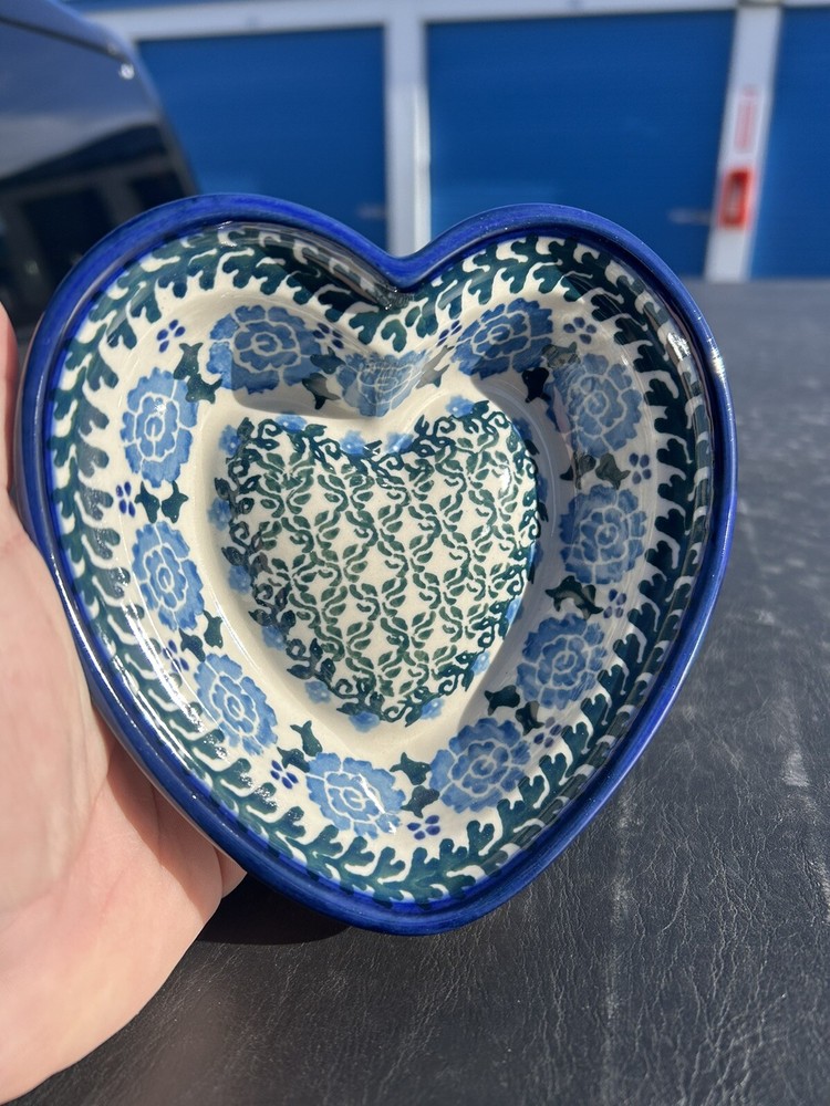 UNIKAT Polish Pottery Heart Shaped Trinket Wall Hanger Hand Made Poland Blue