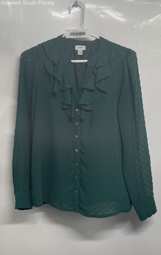 J.Crew Womens Green Long Sleeve Ruffled Collar Button Front Blouse Top Size XS