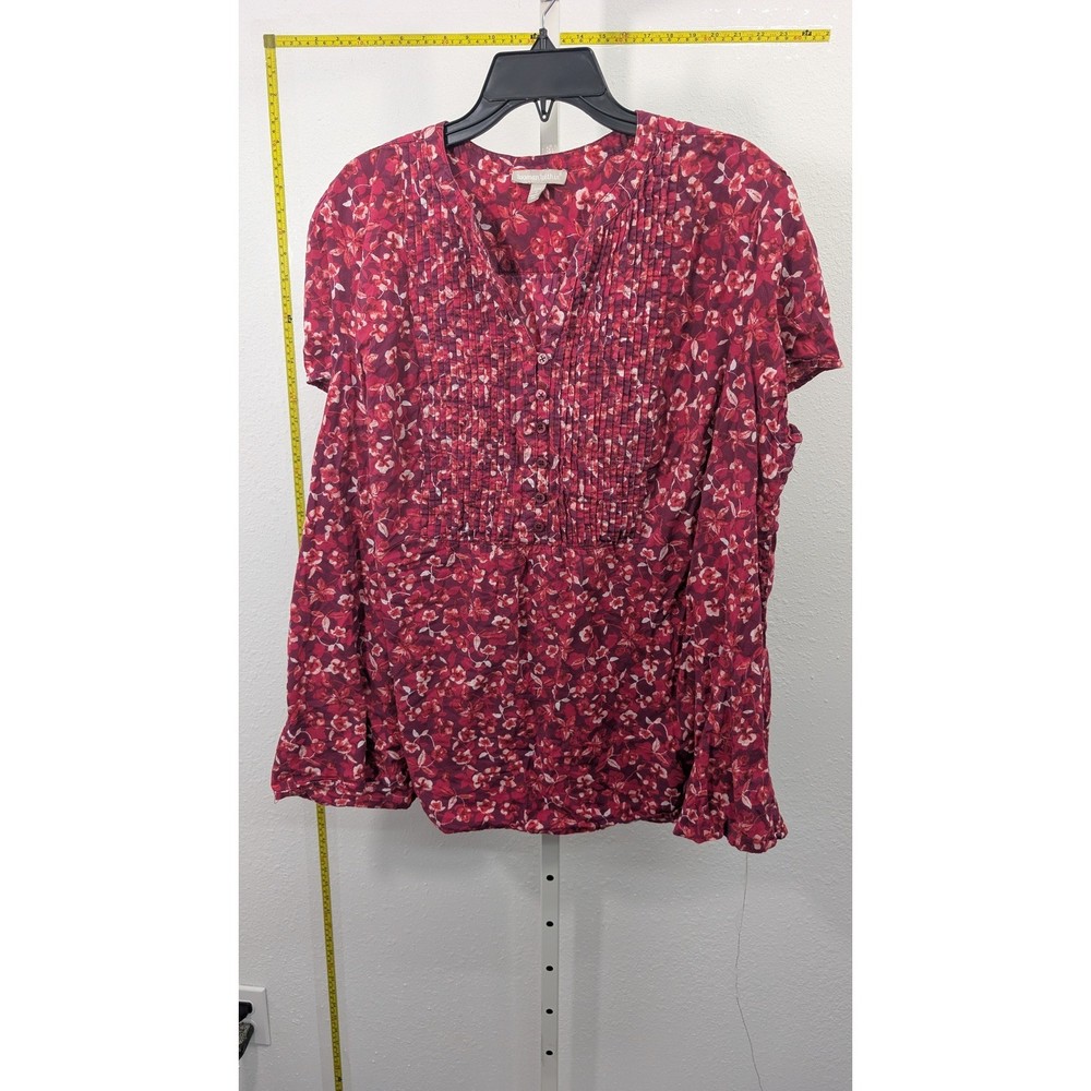 Woman Within Red Floral Pintuck Pleated V-Neck Blouse Short Sleeve Plus Size 1X