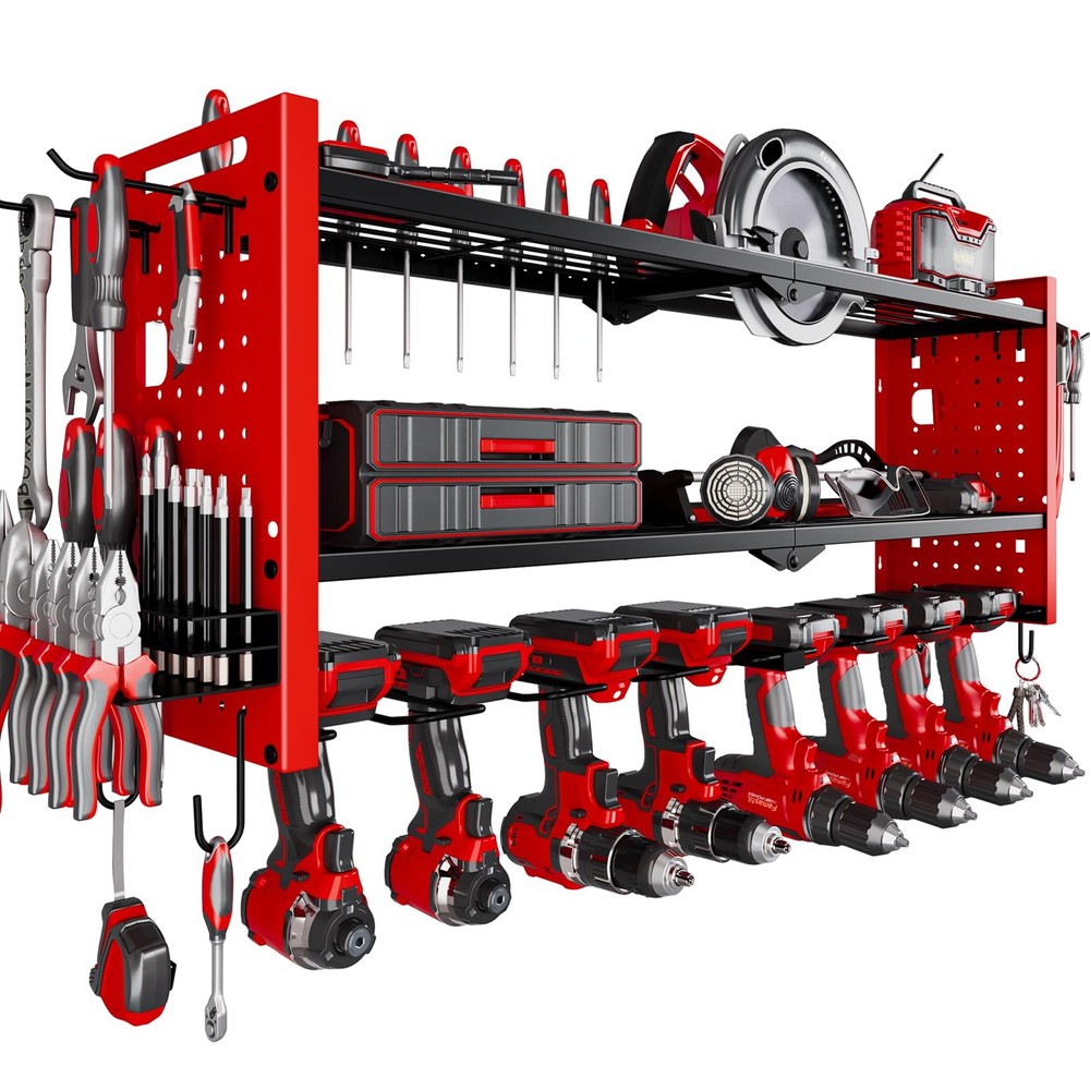 Power Tool Organizer Wall Mount, Cordless Drill Hanger Storage Rack 8 Drill Red