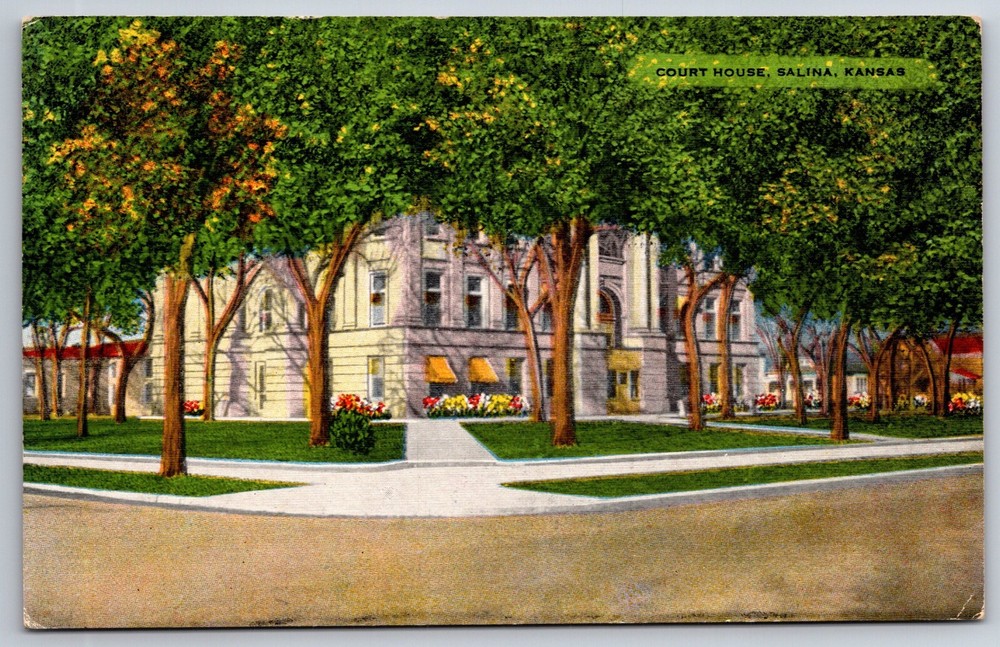 Salina Kansas~Front of Courthouse Building In Trees~Vintage Linen Postcard