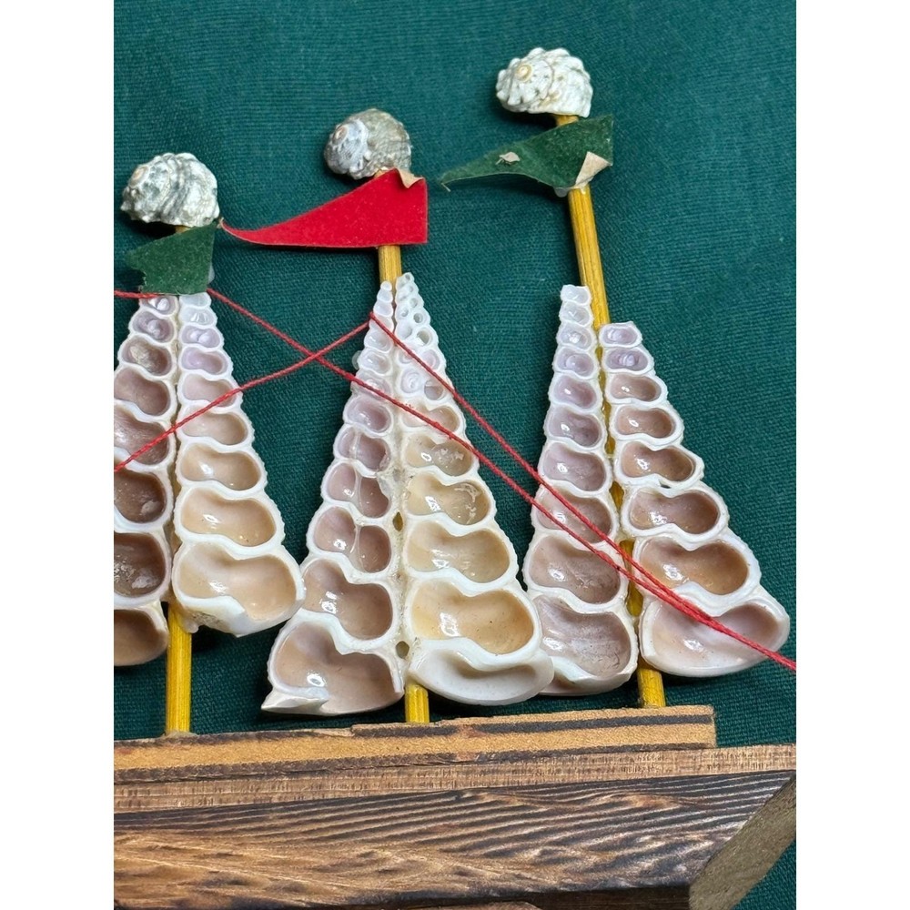 Vintage Seashell Sailboat Wood Nautical Decor Coastal Tabletop Decoration