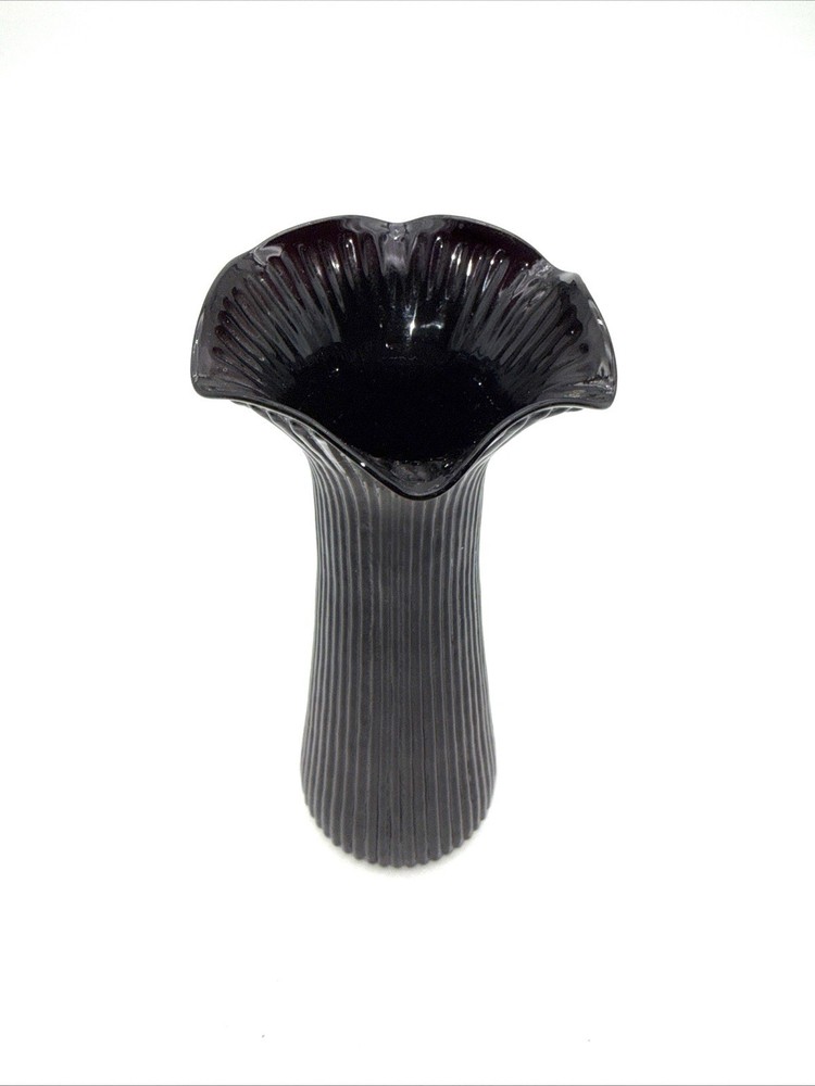 Vintage Opaque Black Glass Vase Ribbed Amethyst 8 Inches Tall