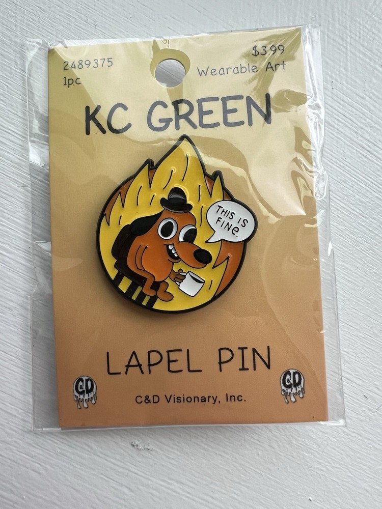 THIS IS FINE Dog On Fire Meme Pin - Official KC Green Enamel Lapel Pinback Funny