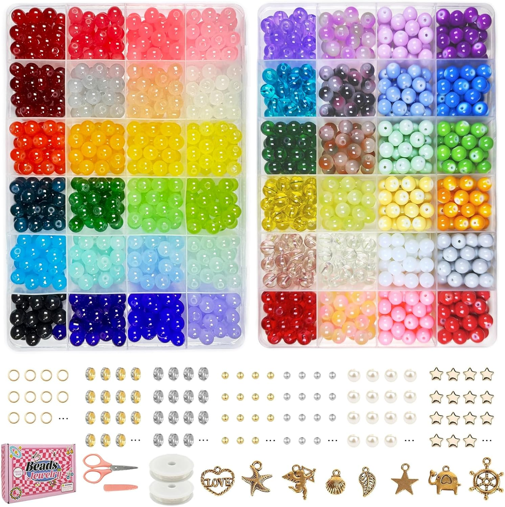 1500 Pcs 8Mm Glass Beads Bracelet Making Kit, 48 Colors Crystal Beads for Jewelr