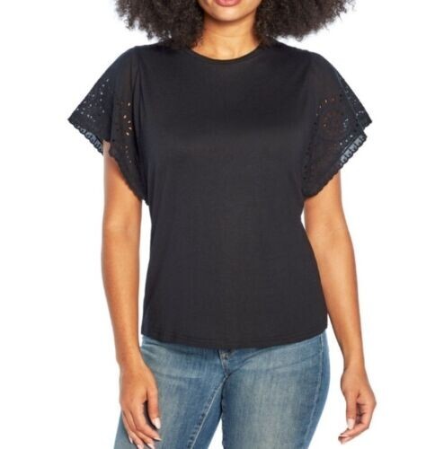 GAP Womens XXL Black Eyelet Flutter Short Sleeve Scoop Neck Blouse $45 R2