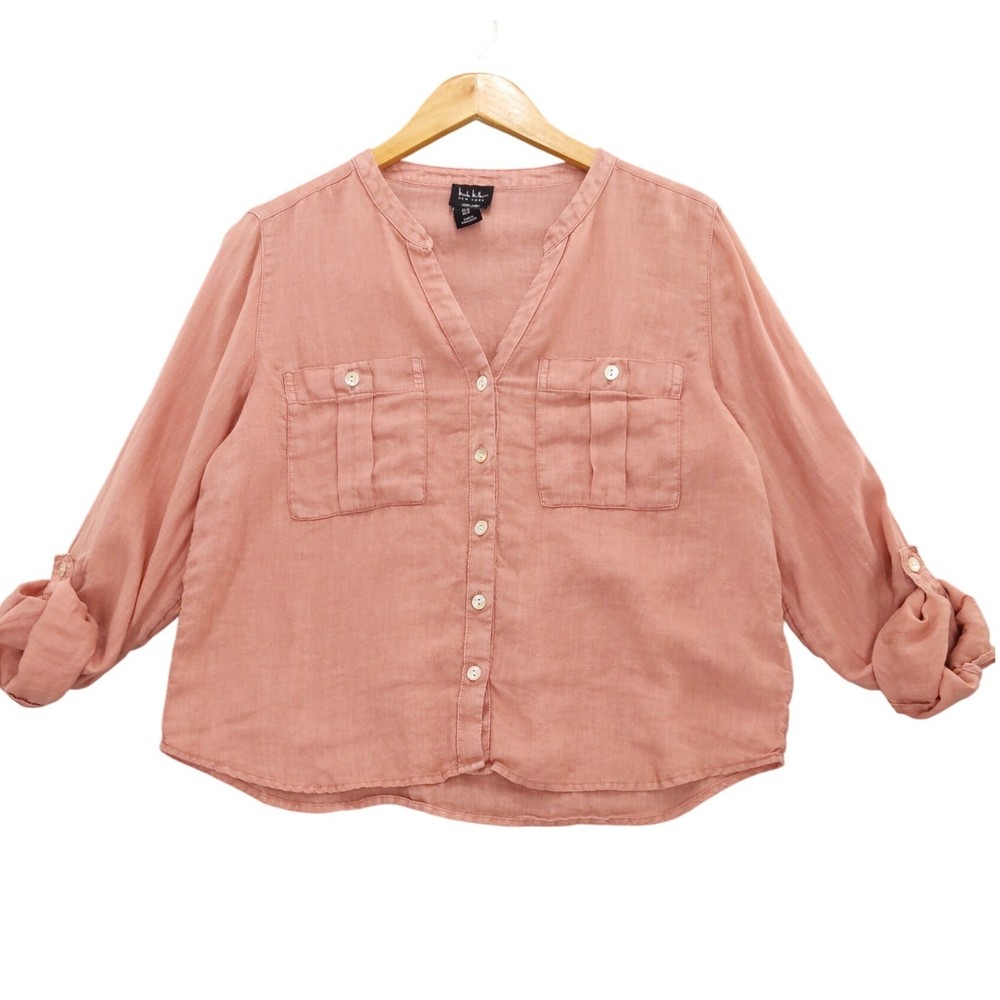 Nicole Miller New York Linen Button Down Shirt Roll Tab Sleeve Top Sz M