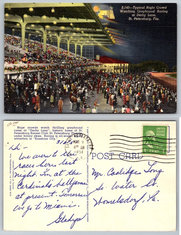 1951 Derby Lane Greyhound Race St. Petersburg Florida Linen Postcard