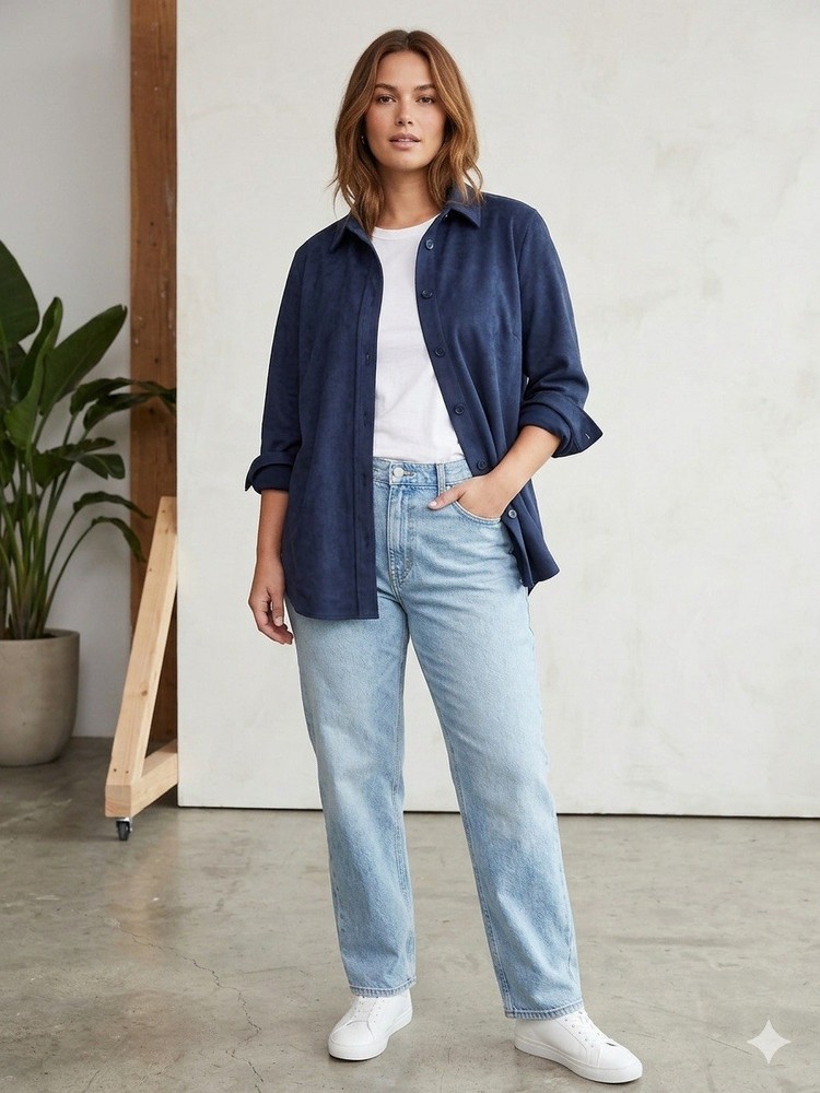 GAP Navy Blue Suede Collared Long Sleeve Boyfriend Button Pocket Shirt Size L