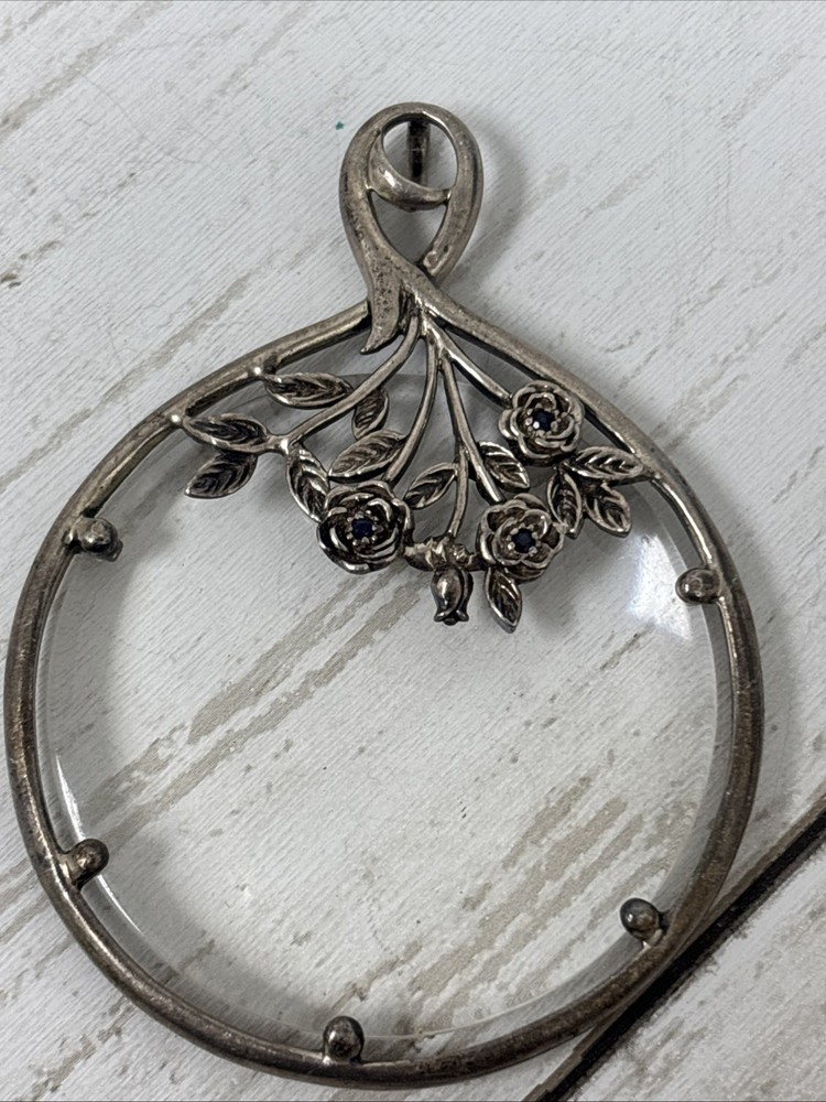 Vintage Ornate Floral 925 Sterling Silver PD Signed Magnifying Pendant Sapphire