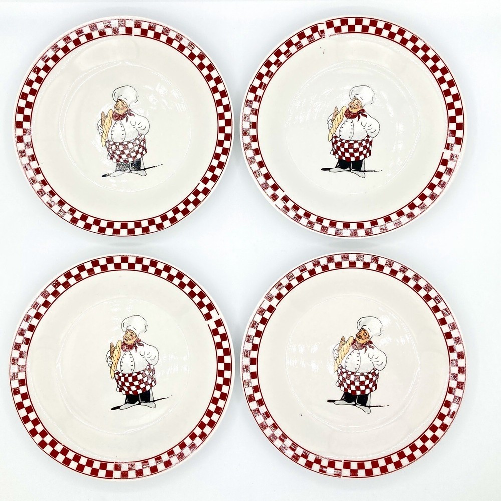 4X Salad Plate AOI7 by ALCO - Red Checkered Trim, Chef w/ Bread, Italian Themed