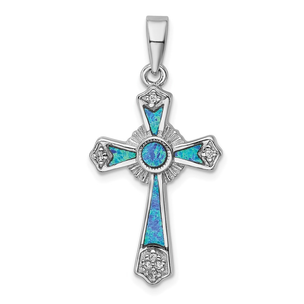 Sterling Silver Rhodium-plated Cubic Zirconia and Lab Created Opal Cross Pendant