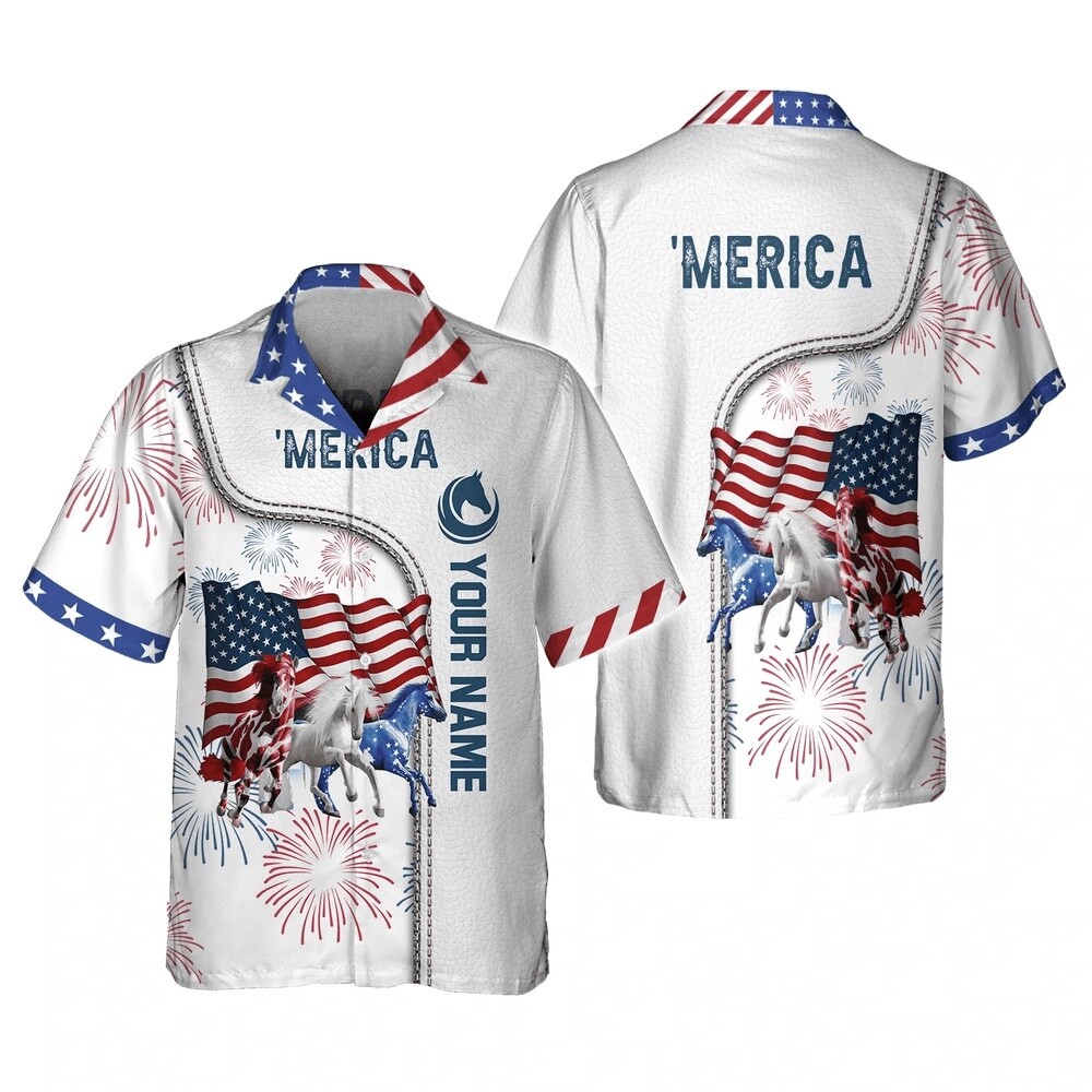 American Horse 4th of July 3D Hawaiian Shirt with Personalized Name
