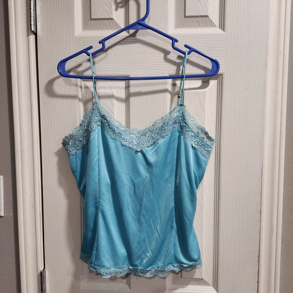 Vintage Y2K Worthington Blue Satin Lace Cami Tank L Fairy Grunge Coquette Dainty