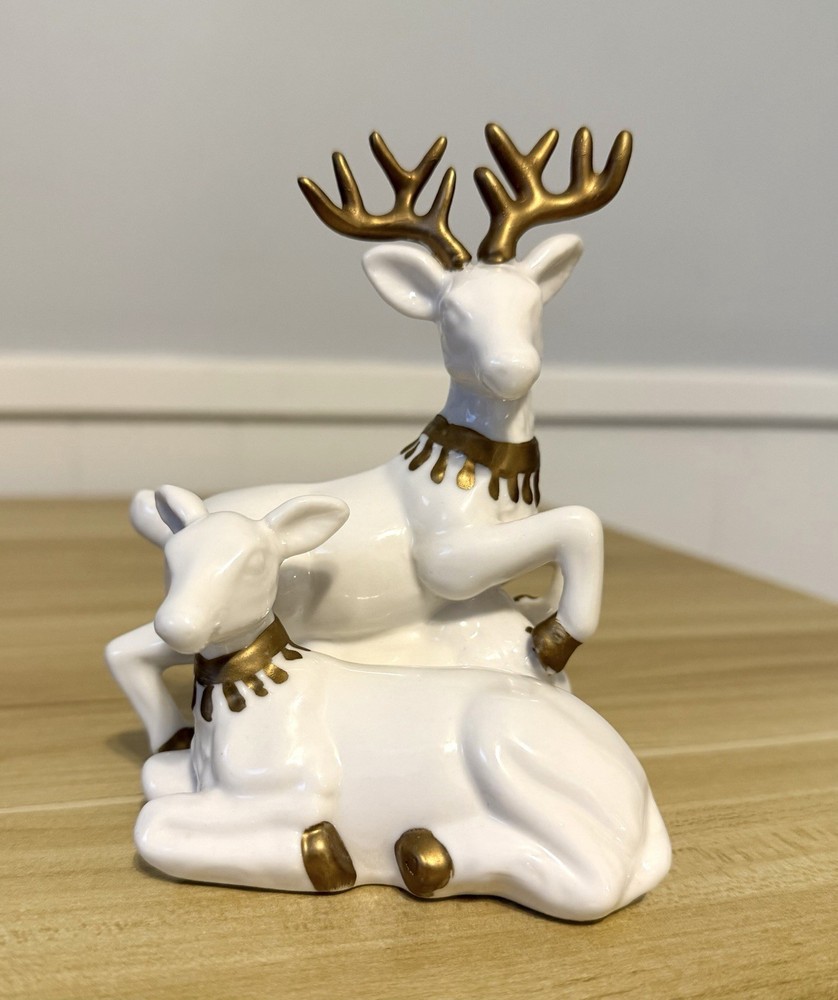 Vtg Porcelain Reindeer Couple Figurine White W/Gold Accent 90s Christmas Holiday-image
