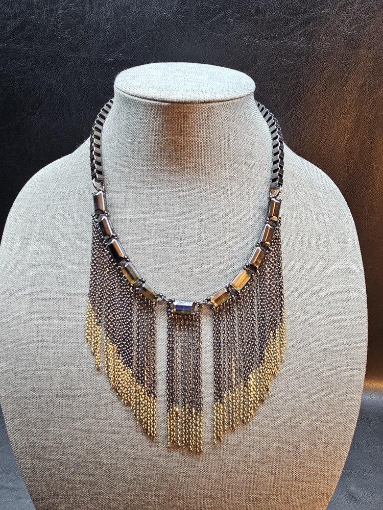 Vintage Gunmetal Bib Tassel Statement Necklace in Gold Silver Tone 19.5 Inches