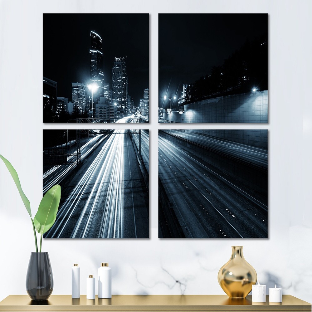 Illuminated Seattle Traffic Trail Cityscape Canvas Wall Art Design