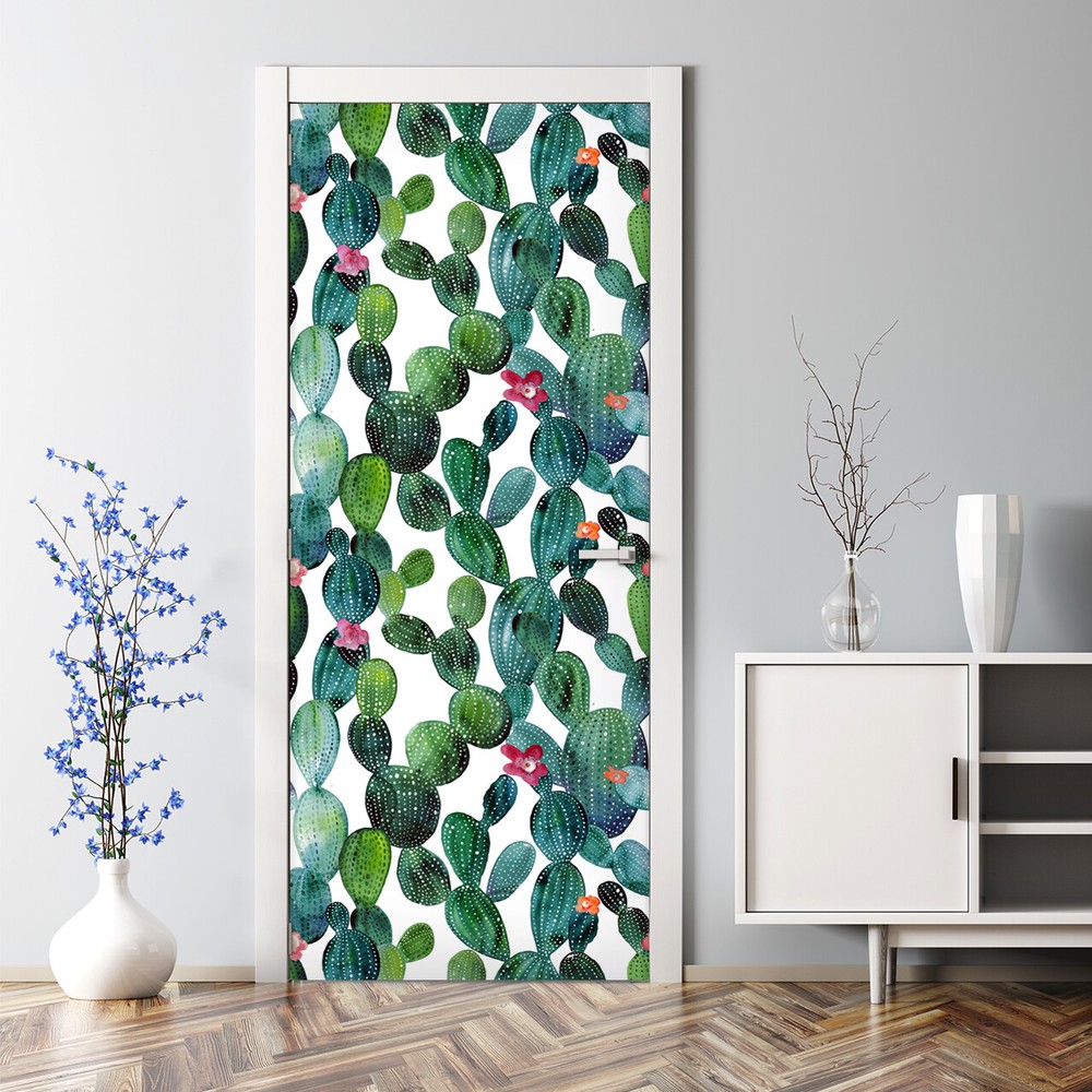 Cacti with flowers Decal Watercolour decor Floral Bubble Free Door sticker