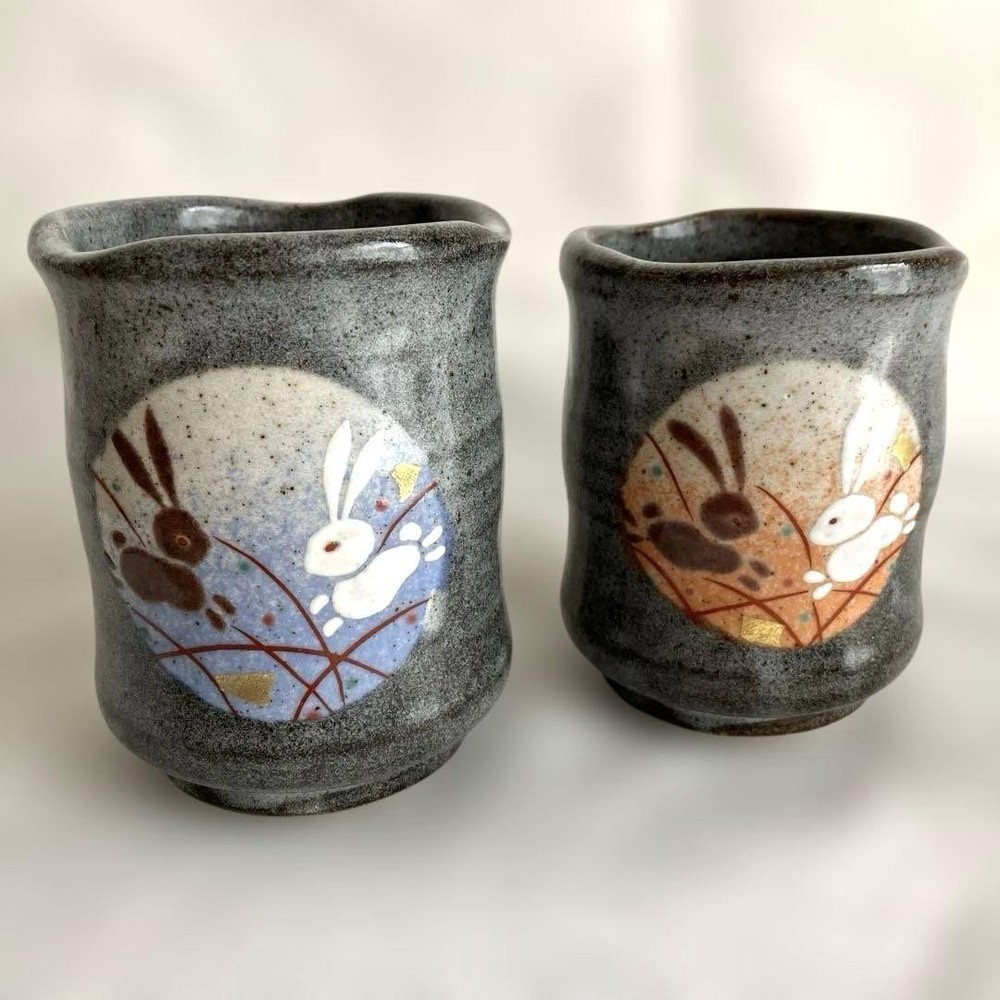 Kutani Ware Moon Rabbit Pair Teacups Set Japanese Tea Cup Kutaniyaki