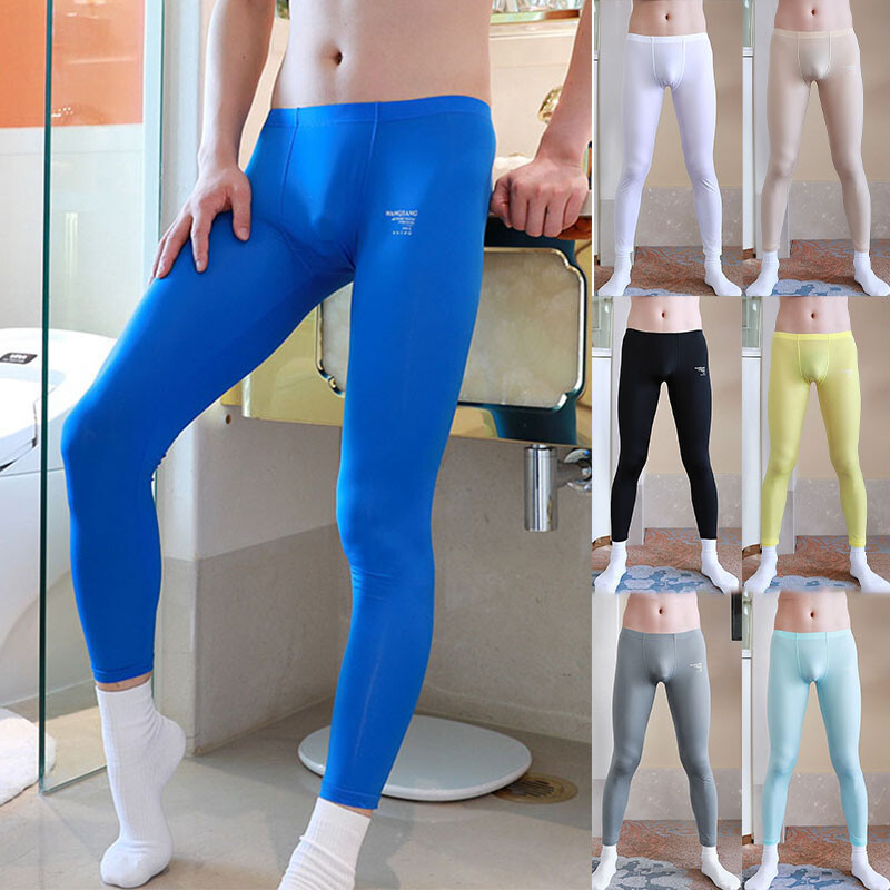 Sexy Mens Long Johns Sleep Bottoms Ice Silk Ultra-thin Lounge Pants Cool Legging