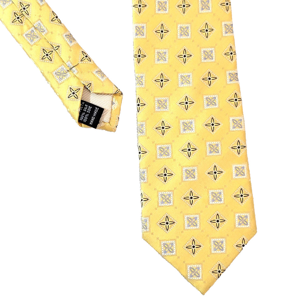 Bruno Marchesi Mens Silk Tie Yellow Gold Geometric Medallion Woven Hand Made