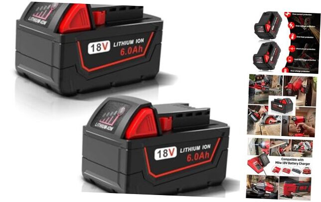 2 Pack 6.0Ah M-18 Replacement Battery for Milwaukee 18V Tools Compatible