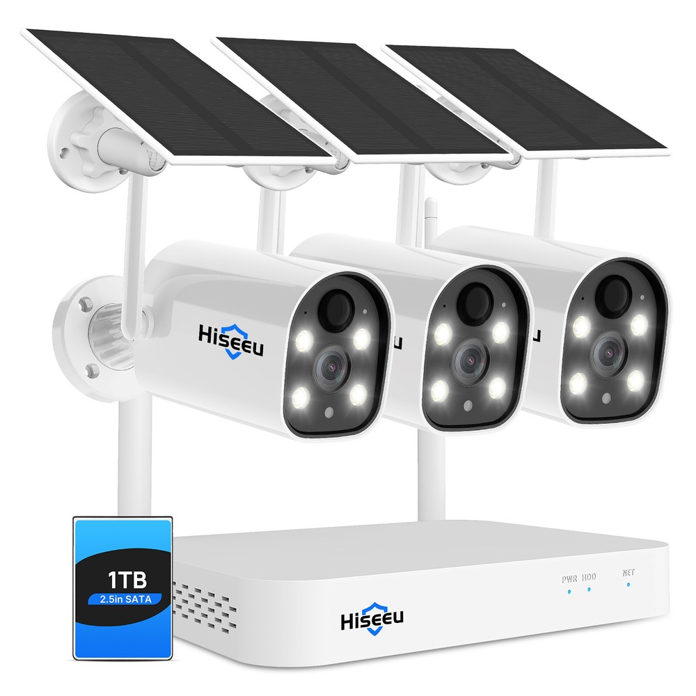 Hiseeu 3MP Wireless Wifi Spotlight Battery Solar Camera CCTV System Kit lot