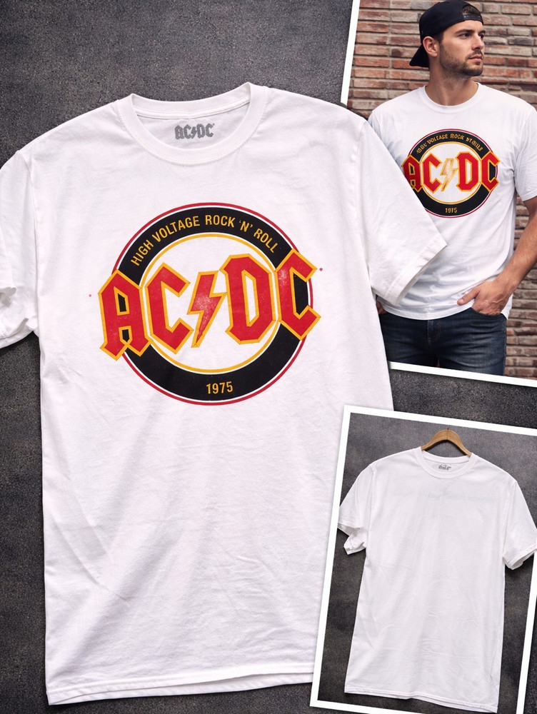 AC/DC High Voltage Rock 'N' Roll 1975 White Graphic Crew Neck T-Shirt Men's M