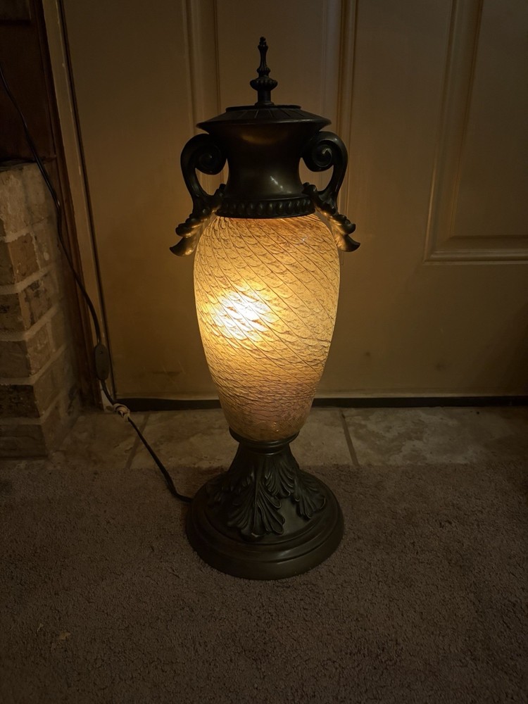 Vintage Neoclassical Brass Urn Table Lamp Amber Glass Twin Handle Working