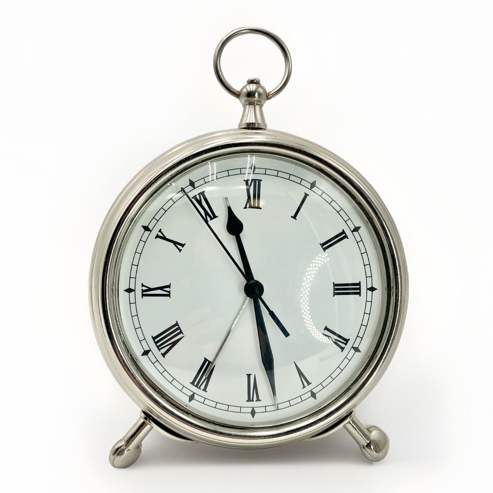 Pottery Barn Tabletop Clock Small Pocket Watch Style Alarm Silver Finish 5”