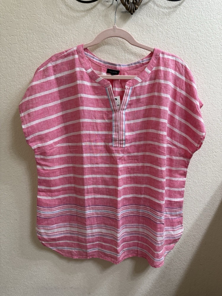 Talbots Women's XL Striped Pink & White Short Sleeve 100% Linen Split Neck Top