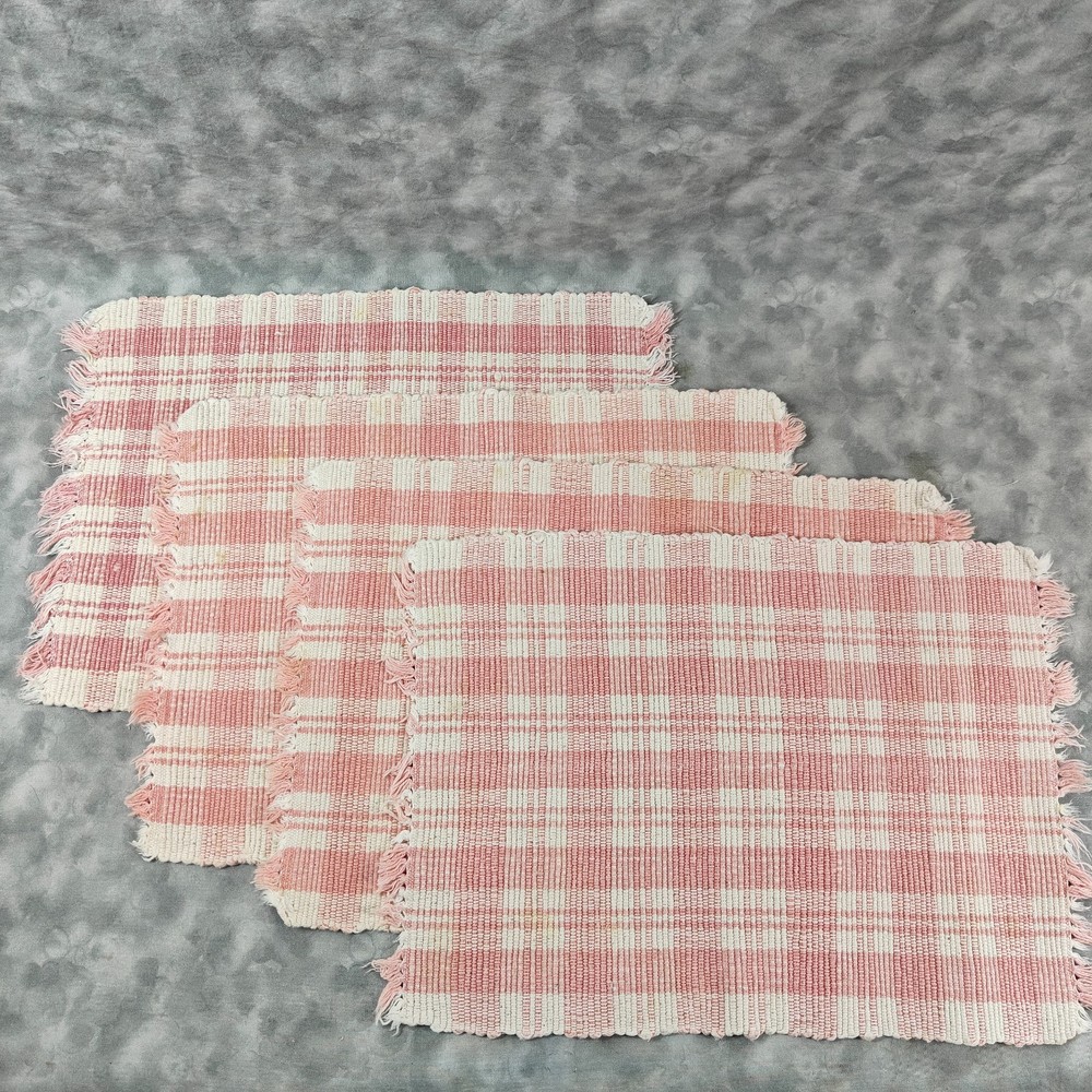 Set of 4 Vintage Pink White Plaid Gingham Woven Cotton Placemats Fringe 17.5x12