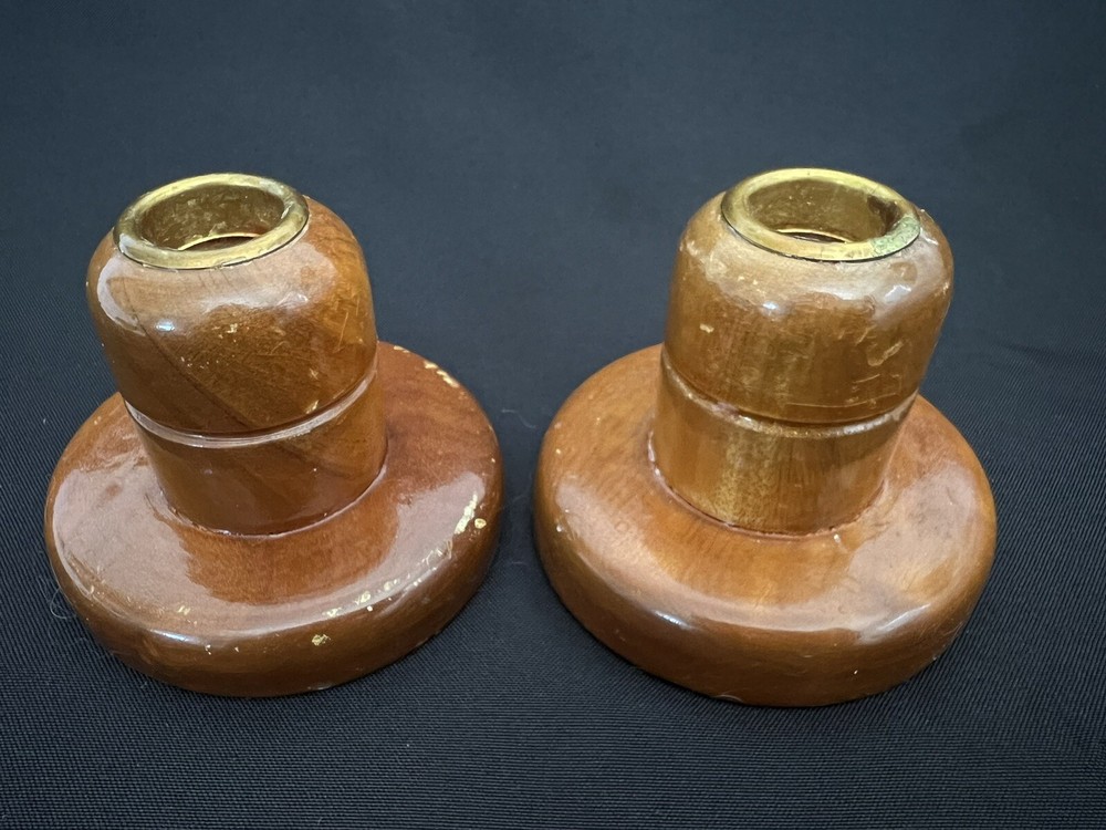 Vintage Pair of Mid-Century Modern Hand Turned Wood Candle Stick Holders