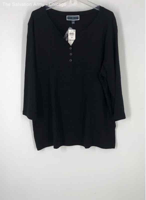 Karen Scott Womens Black Cotton Henley Neck 3/4 Sleeve Tunic Blouse Top Size 2X