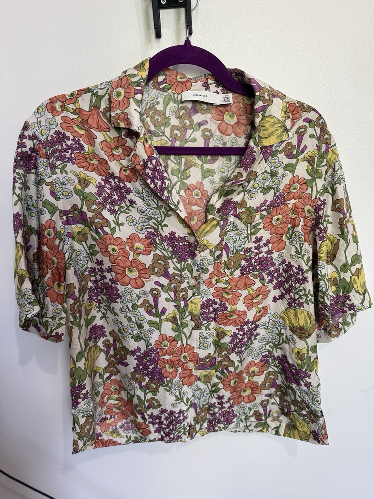 Coach Women's XS Floral Collared Button-Up Shirt Multicolor Short Sleeve