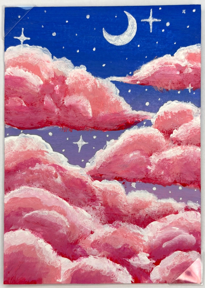 ACEO Original Acrylic Night sky clouds Mini Painting OOAK Art Card Signed