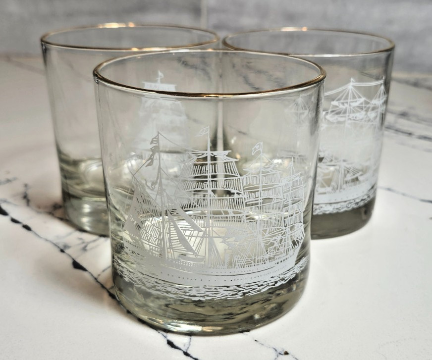 MCM Nautical Ships Whiskey Lowball Glasses - Set Of 3 Vintage