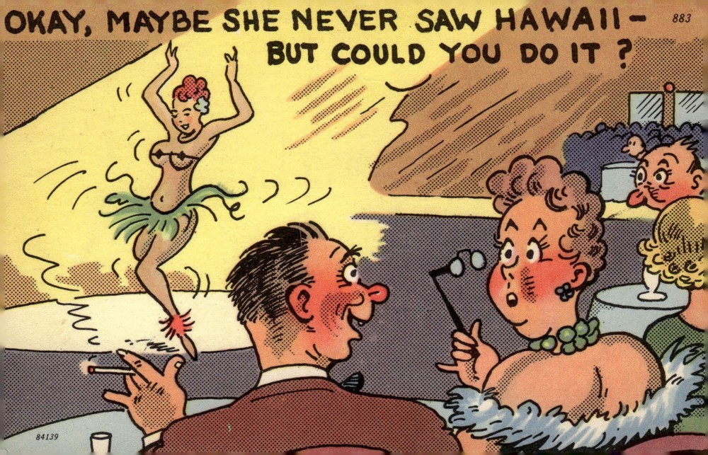 1960 Tichnor Bros Comic Linen Postcard Hula Dancer Hawaii Humor Rehoboth Beach D