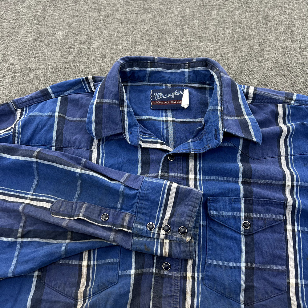 Vintage Wrangler X Long Tails Button Up Shirt Mens 2XL Pearl Snap Plaid LS Blue